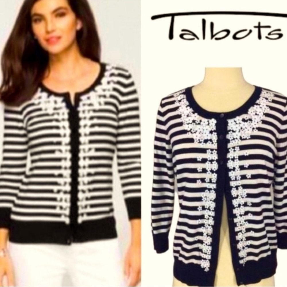 Talbots Striped Cardigan with 3-D Flower Embellishments